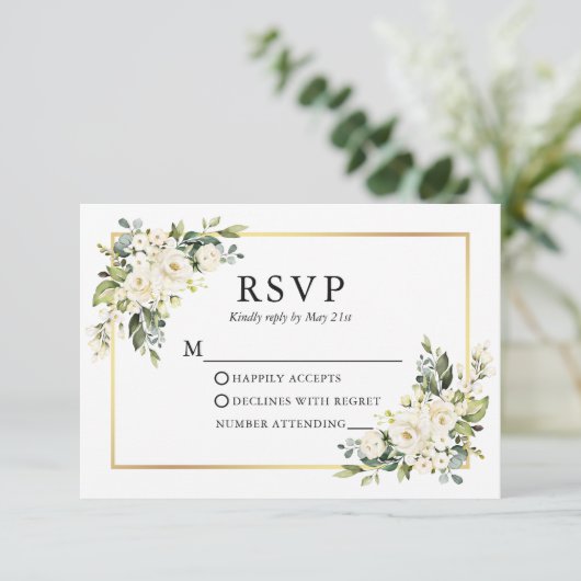 Waterverf Ivoor Wit Bloemen Goud Bruiloft RSVP Kaartje (Staand voorkant)