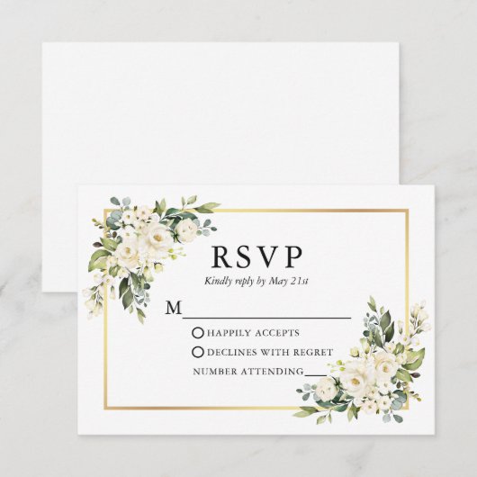 Waterverf Ivoor Wit Bloemen Goud Bruiloft RSVP Kaartje (Voorkant / Achterkant)