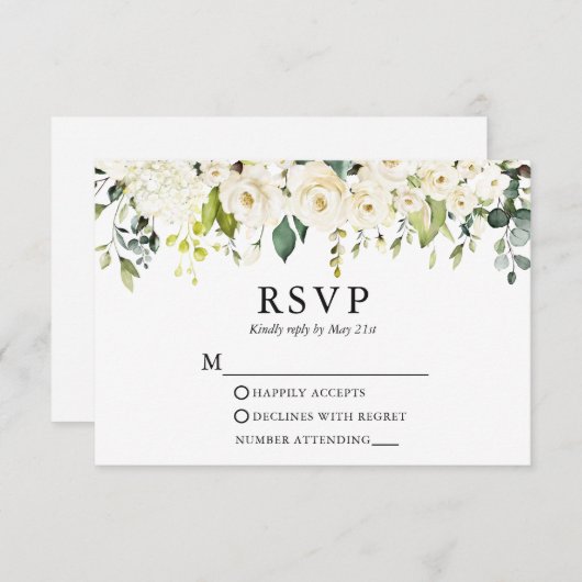 Waterverf Ivoor Wit Bloemen Groen Bruiloft RSVP Kaartje (Voorkant / Achterkant)