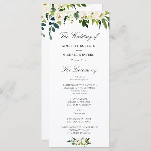 Waterverf ivoor wit bloemenbruiloft programma programmakaart (Voorkant / Achterkant)