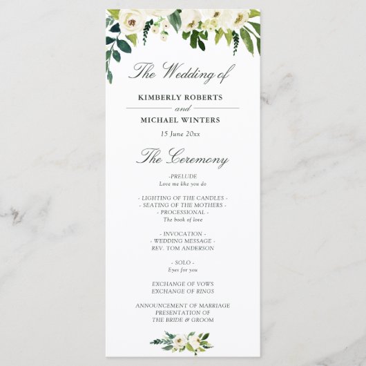 Waterverf ivoor wit bloemenbruiloft programma programmakaart (Voorkant)