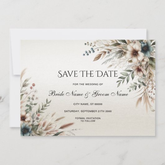 Waterverf Ivoorblauw Bloemen Bewaar de datum Save The Date (Voorkant)