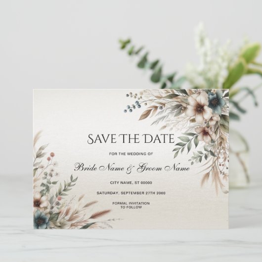 Waterverf Ivoorblauw Bloemen Bewaar de datum Save The Date (Staand voorkant)