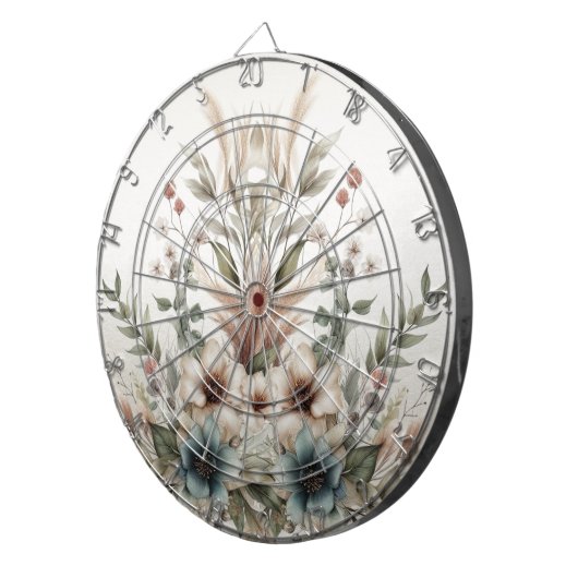 Waterverf Ivoorblauw Bloemen Dartboard Dartbord (Voorkant Rechts)