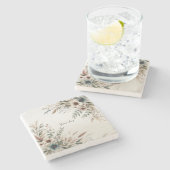 Waterverf Ivoorblauw Bloemen Stenen Onderzetter (Zijkant)