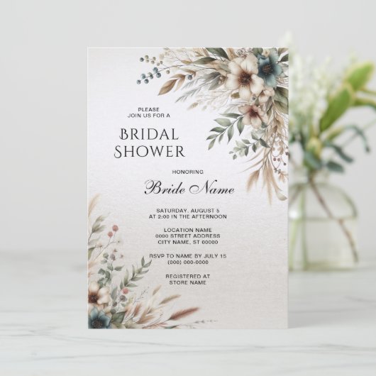 Waterverf ivoorblauwe bloemen bruidsdouche kaart (Staand voorkant)