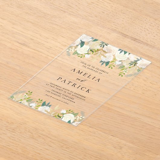 Waterverf Ivoorbloemen met groen bruiloft Acryl Uitnodigingen (Laagn)