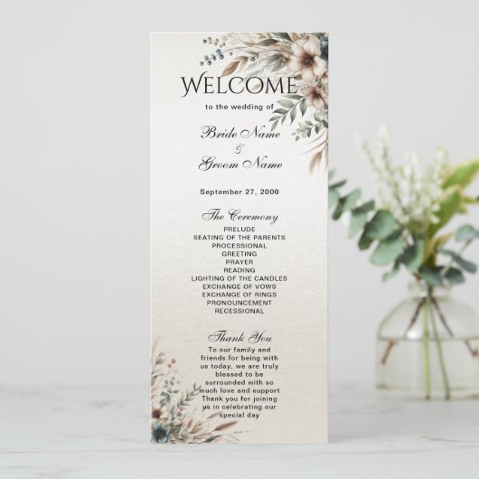 Waterverf Ivoren Blauwe Bloemen Trouwprogramma Programmakaart (Staand voorkant)