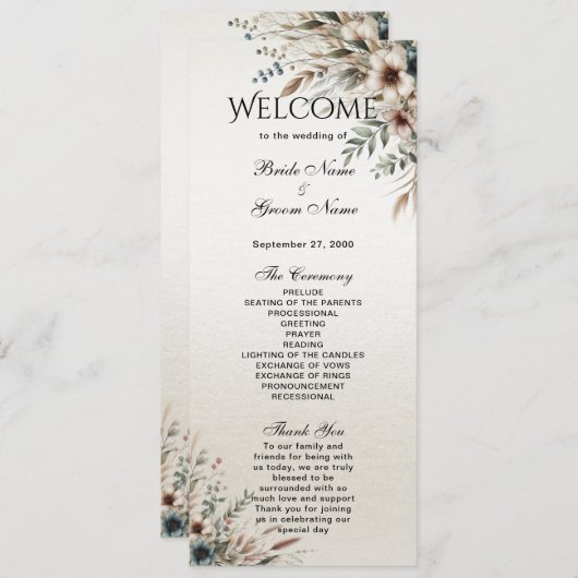 Waterverf Ivoren Blauwe Bloemen Trouwprogramma Programmakaart (Voorkant / Achterkant)