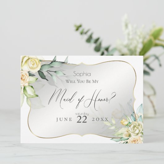 Waterverf Ivoren Gele Blush Rozen Maid of Honor Kaart (Staand voorkant)