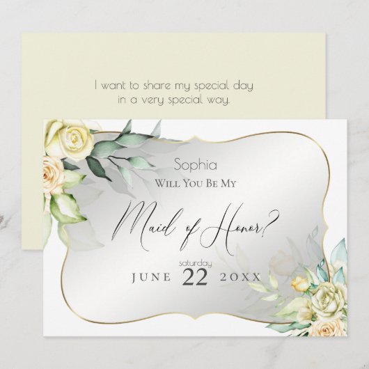 Waterverf Ivoren Gele Blush Rozen Maid of Honor Kaart (Voorkant / Achterkant)