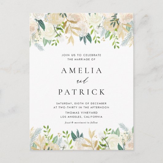 Waterverf Ivoren pioenen Faux Gold Folie Wedding Uitnodiging Briefkaart (Voorkant)