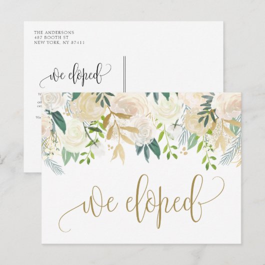 Waterverf Ivory Peony en Roos Elopement Aankondigingskaart (Voorkant / Achterkant)