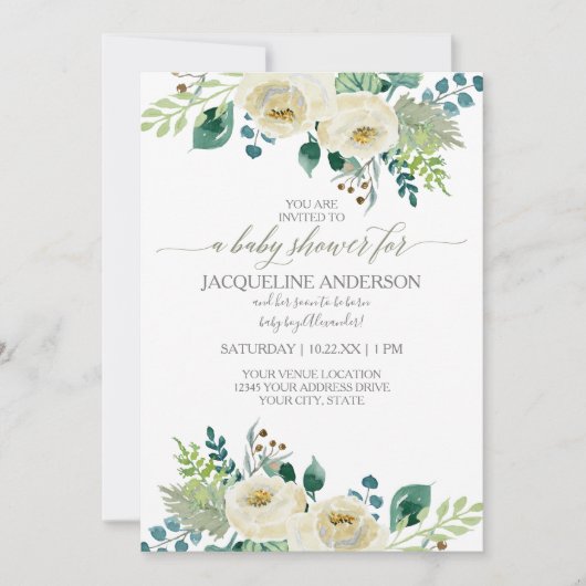 Waterverf Ivory Roos Leaf Baby Girl Shower Floral Kaart (Voorkant)