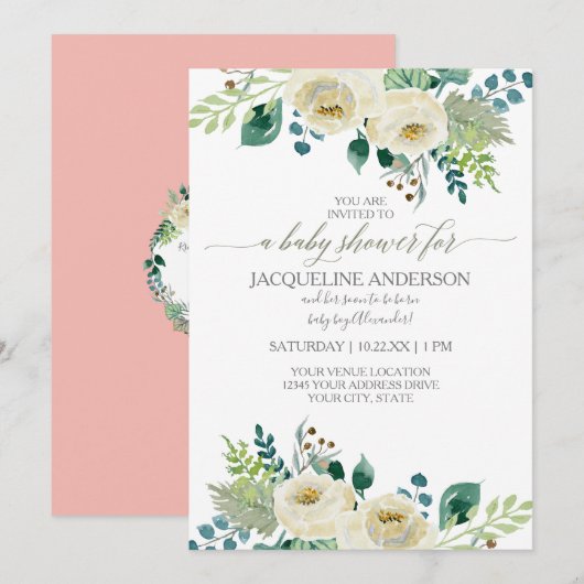 Waterverf Ivory Roos Leaf Baby Girl Shower Floral Kaart (Voorkant / Achterkant)