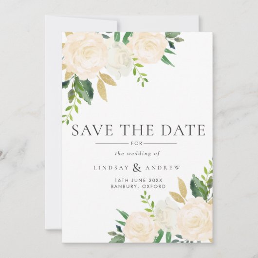Waterverf Ivory Rozen Wedding Save The Date (Voorkant)