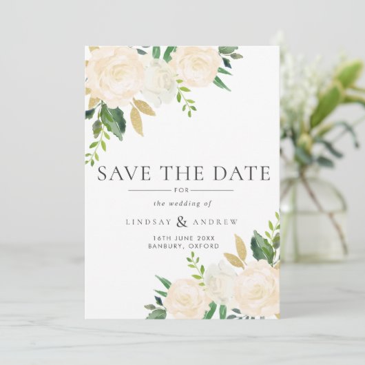Waterverf Ivory Rozen Wedding Save The Date (Staand voorkant)