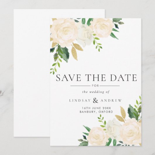 Waterverf Ivory Rozen Wedding Save The Date (Voorkant / Achterkant)