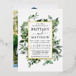 Waterverf Ivy Ferns Sage Foto Weddenschap Gold Folie Uitnodiging