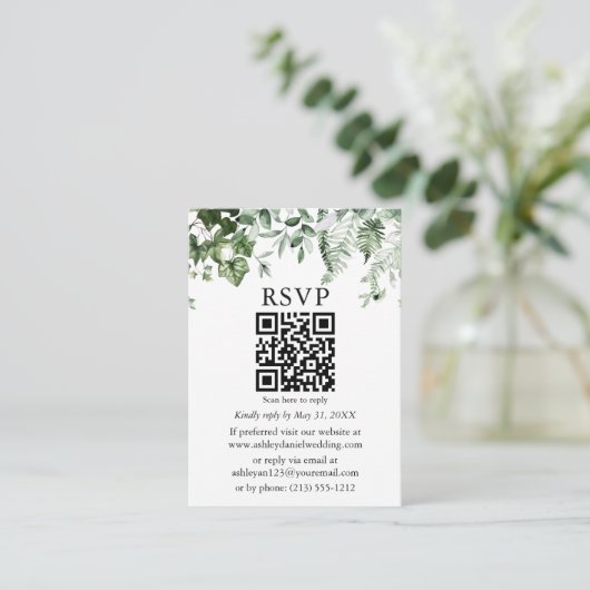 Waterverf Ivy Ferns Sage Foto Weddenschap QR RSVP Informatiekaartje (Staand voorkant)