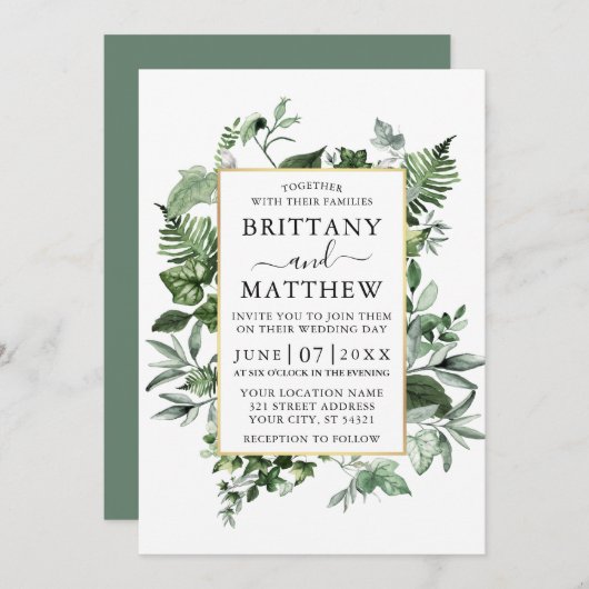 Waterverf Ivy Ferns Sage Green Gold Wedding Kaart (Voorkant / Achterkant)