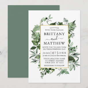 Waterverf Ivy Ferns Sage Green Gold Wedding Kaart