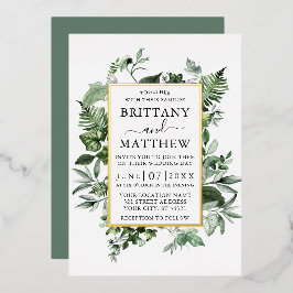 Waterverf Ivy Ferns Sage Green Wedding Gold Folie Uitnodiging