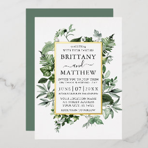 Waterverf Ivy Ferns Sage Green Wedding Gold Folie Uitnodiging