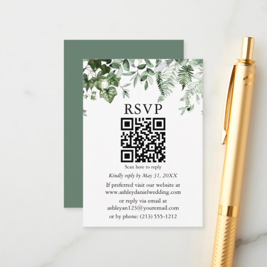 Waterverf Ivy Ferns Sage Green Wedding QR RSVP Informatiekaartje (Voorkant / Achterkant in situ)