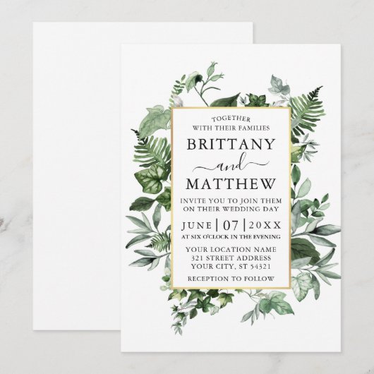 Waterverf Ivy Ferns Sage Greenery Gold Wedding Kaart (Voorkant / Achterkant)
