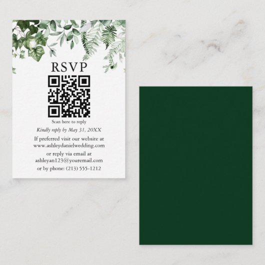Waterverf Ivy Sage Ferns Green Wedding QR RSVP Informatiekaartje (Voorkant / Achterkant)
