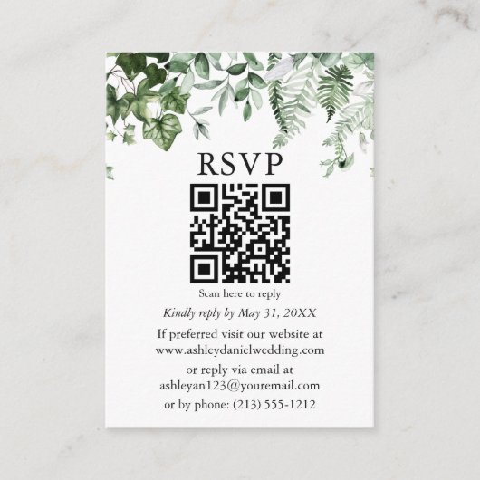 Waterverf Ivy Sage Ferns Green Wedding QR RSVP Informatiekaartje (Voorkant)