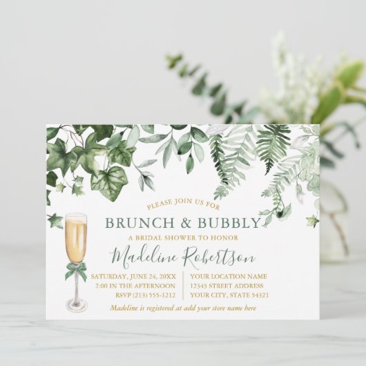 Waterverf Ivy Varen Sage Groen Goud Bridal Brunch Kaart (Staand voorkant)