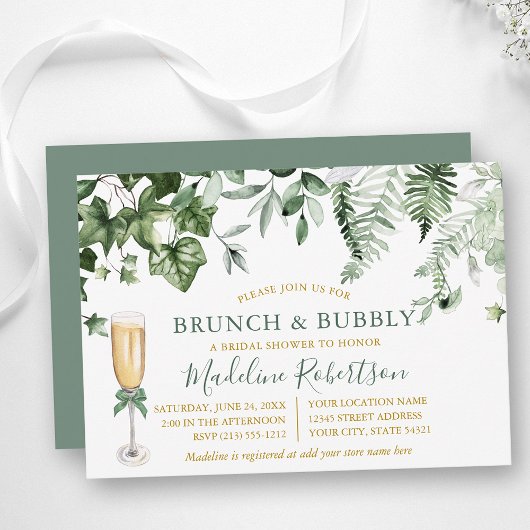 Waterverf Ivy Varen Sage Groen Goud Bridal Brunch Kaart
