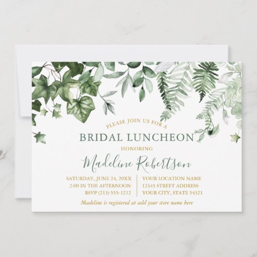 Waterverf Ivy Varen Sage Groen Goud Bruids Lunch Kaart (Voorkant)