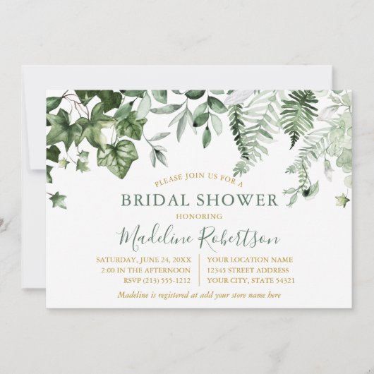 Waterverf Ivy Varen Sage Groen Goud Vrijgezellenfe Kaart (Voorkant)