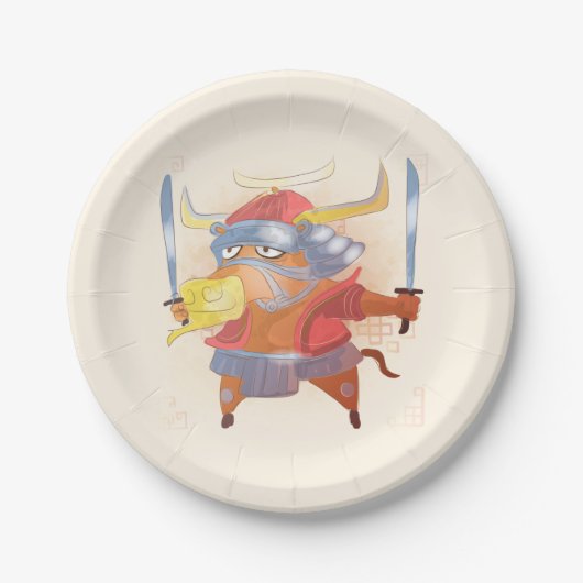 Waterverf jaar van de Ox, Samurai Papieren Bordje (Voorkant)