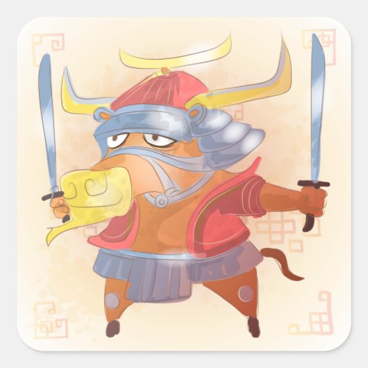 Waterverf jaar van de Ox, Samurai Vierkante Sticker (Voorkant)