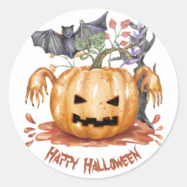 Waterverf Jack o lantaarn en een vleermuis, Hallow Ronde Sticker
