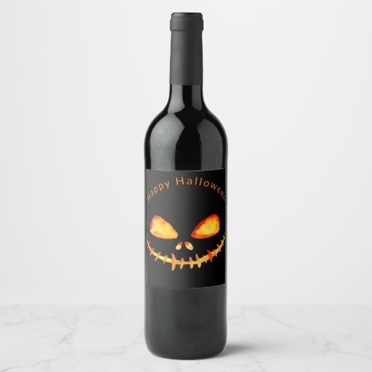 Waterverf Jack O' Lantern Gezicht Halloween Wijn Etiket (Voorkant)