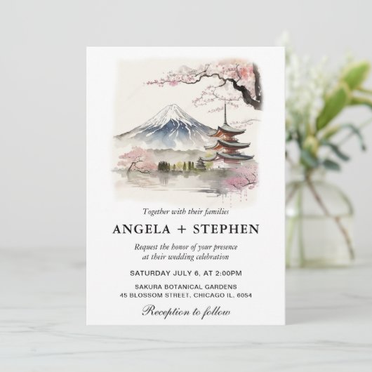 Waterverf Japans Fuji en Pagode Schilderachtig bru Kaart (Staand voorkant)