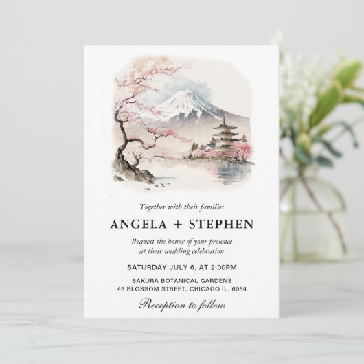 Waterverf Japans Fuji en Pagode Schilderachtig bru Kaart (Staand voorkant)