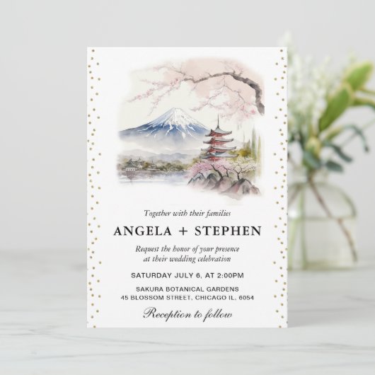 Waterverf Japans Fuji en Pagode Schilderachtig bru Kaart (Staand voorkant)