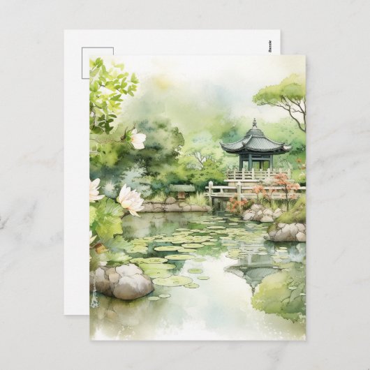 Waterverf Japans Landschap Achtergrond Feestdagenkaart (Voorkant / Achterkant)