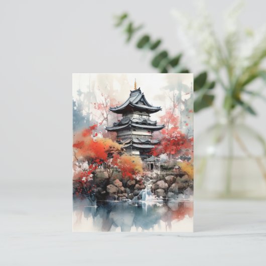 Waterverf Japans Landschap Achtergrond Feestdagenkaart (Staand voorkant)