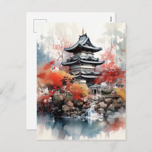 Waterverf Japans Landschap Achtergrond Feestdagenkaart (Voorkant / Achterkant)