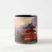 Waterverf Japans Landschap Achtergrond Tweekleurige Koffiemok (Center)