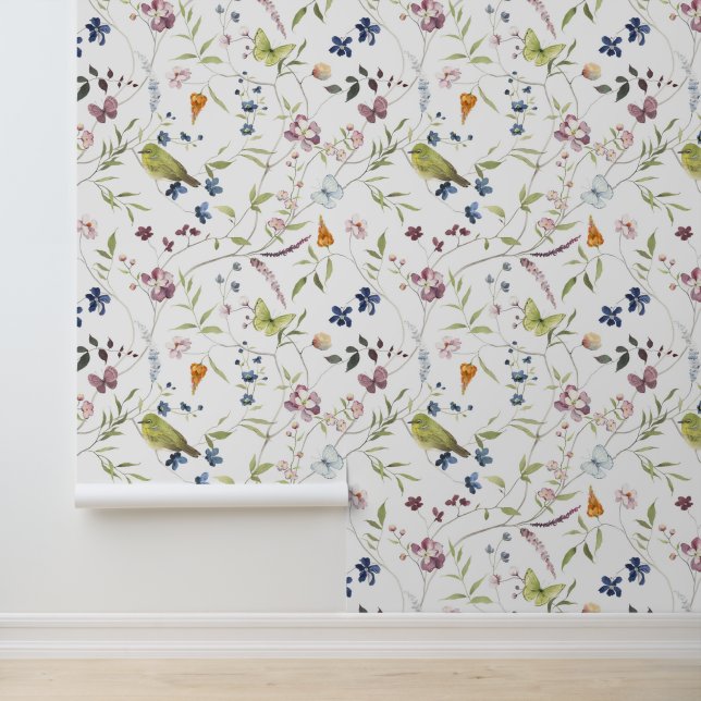 Waterverf Japans White-Eye Wildflower Vlinder Behang (Applicatie)