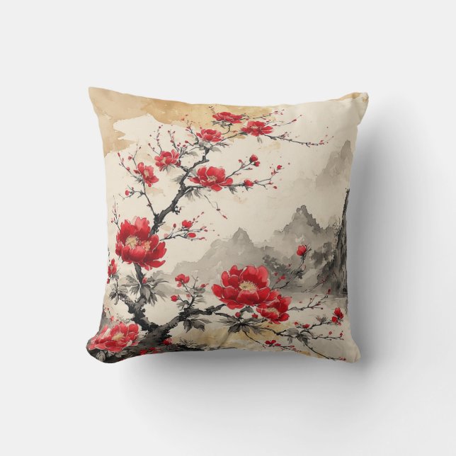 Waterverf Japanse Bloesem rood Kussen (Voorkant)