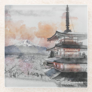 Waterverf Japanse Pagode & Fuji Glazen Onderzetter
